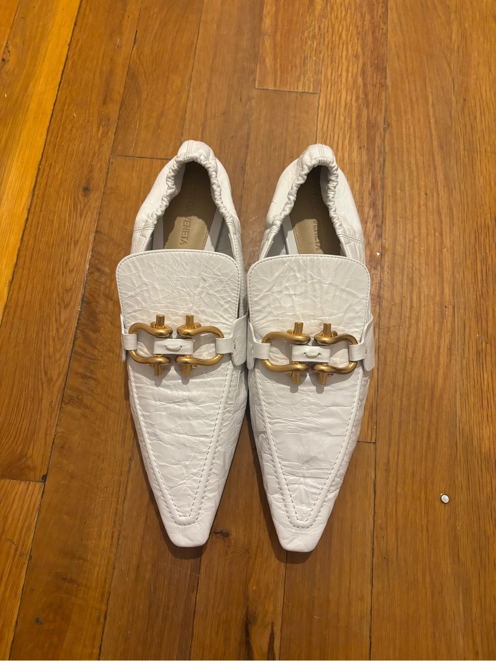 Bottega Veneta White Leather Pointed Loafer Flats with Gold Hardware - Picture 3 of 4